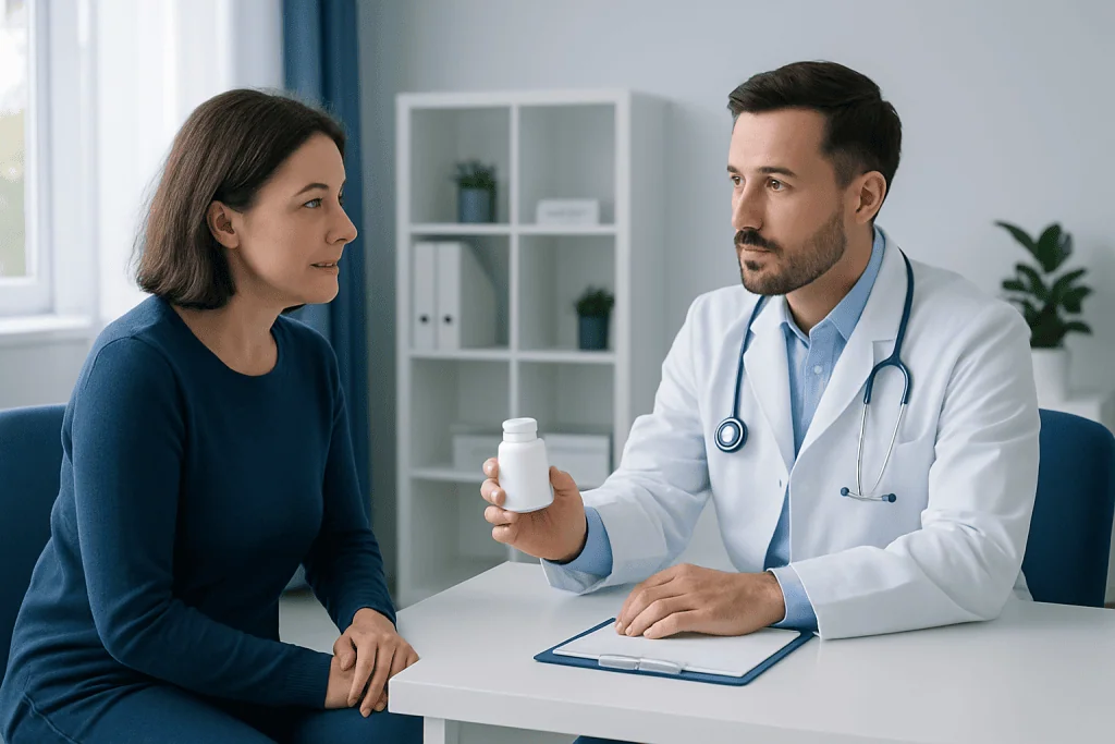 Doctor explaining medication to a female patient in a clinic setting.