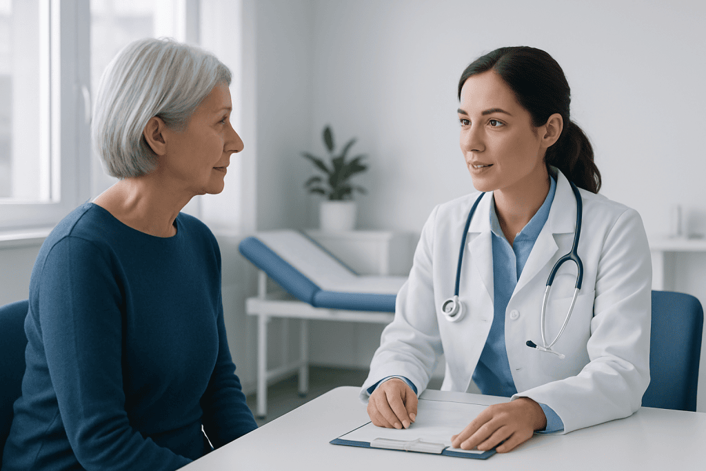Doctor consulting with an elderly female patient in a medical office.