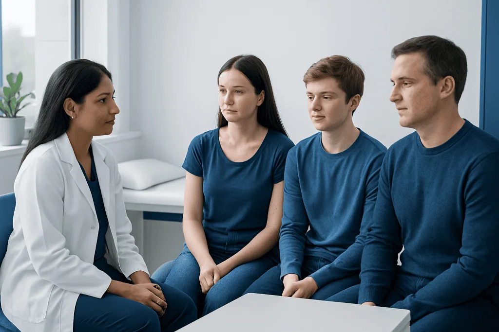Doctor consulting with a family in a medical office setting.