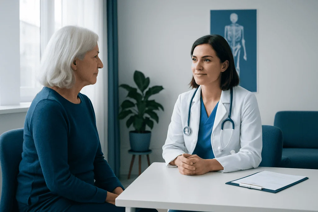 Doctor consulting with an elderly female patient in a medical office.