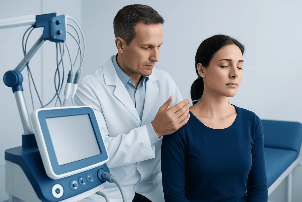 Doctor administering botulinum toxin injection to a patient for dystonia treatment.
