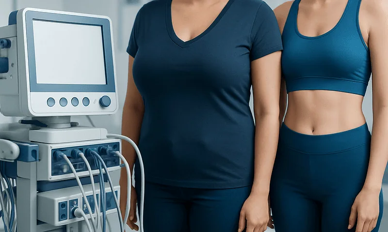 Medical consultation with women in fitness attire and ultrasound machine.