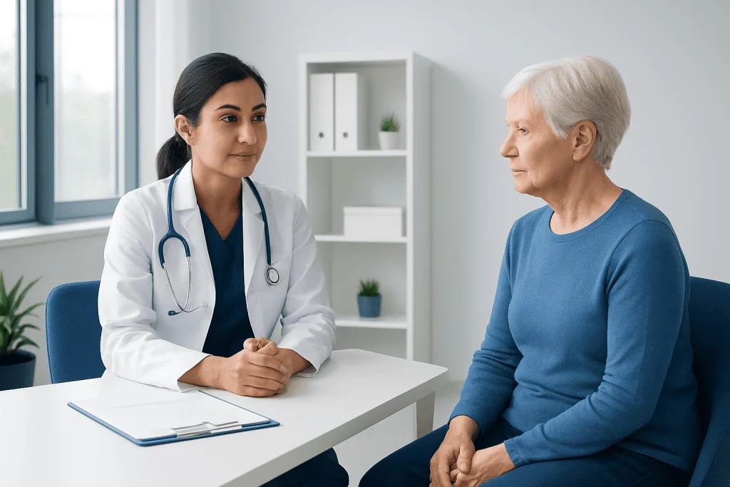 Doctor consulting with elderly female patient in a modern clinic setting.