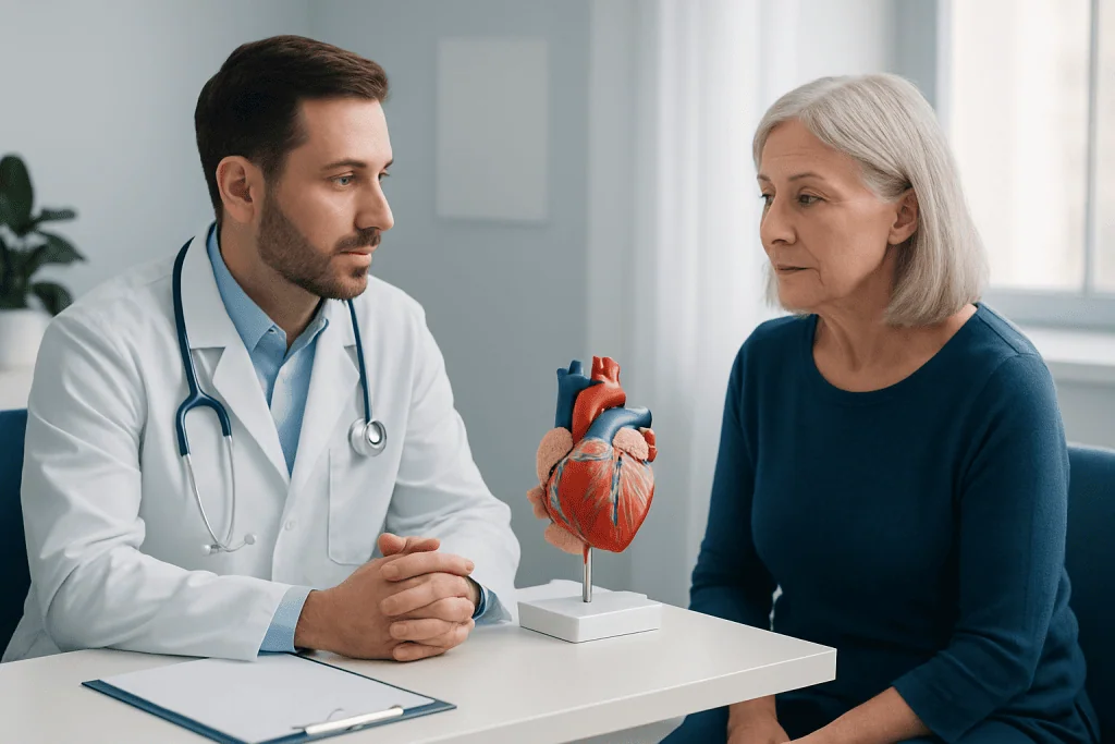 Cardiologist explaining heart health to an elderly woman with a heart model.