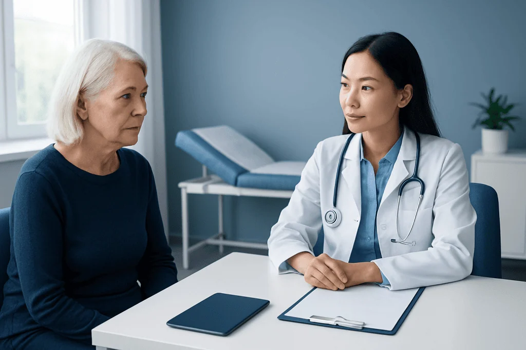 Doctor consulting with an elderly female patient in a medical office.