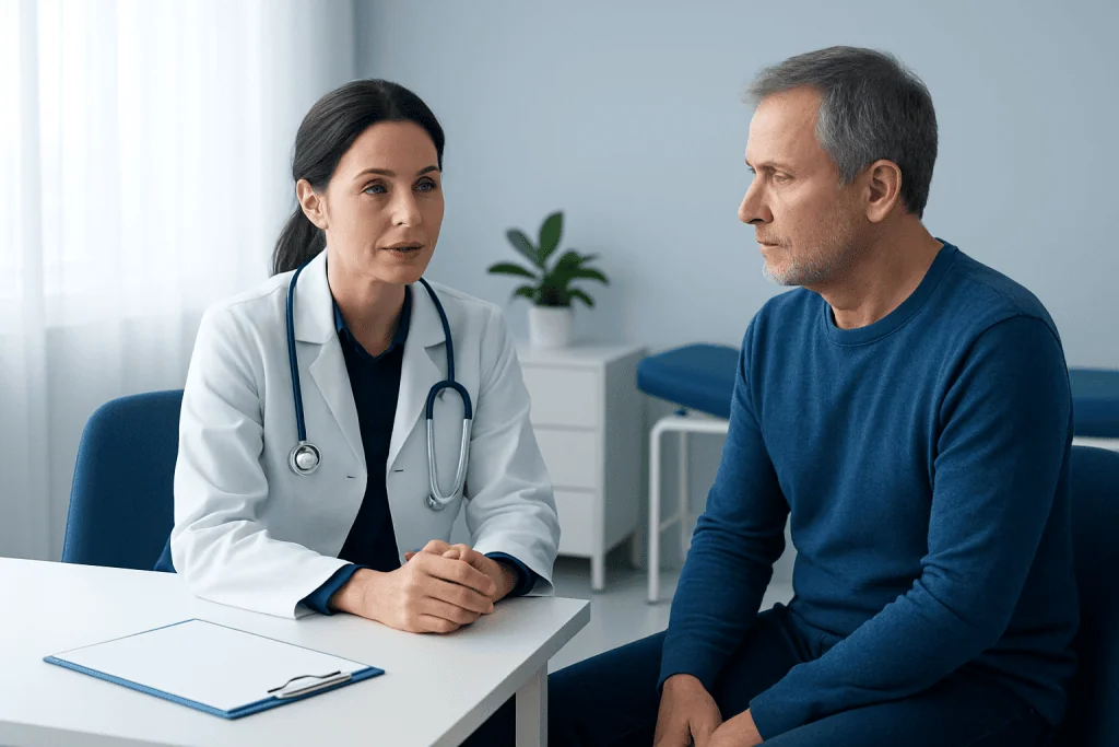 Doctor consulting with a male patient in a medical office.