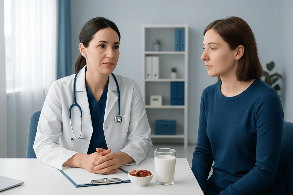 Doctor consulting patient in a medical office setting.
