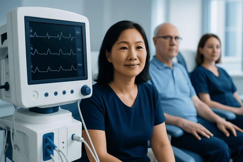 Medical professionals monitoring patient heart activity in hospital setting.