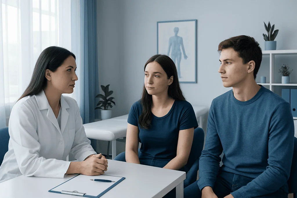 Doctor consulting with young patients in a medical office setting.