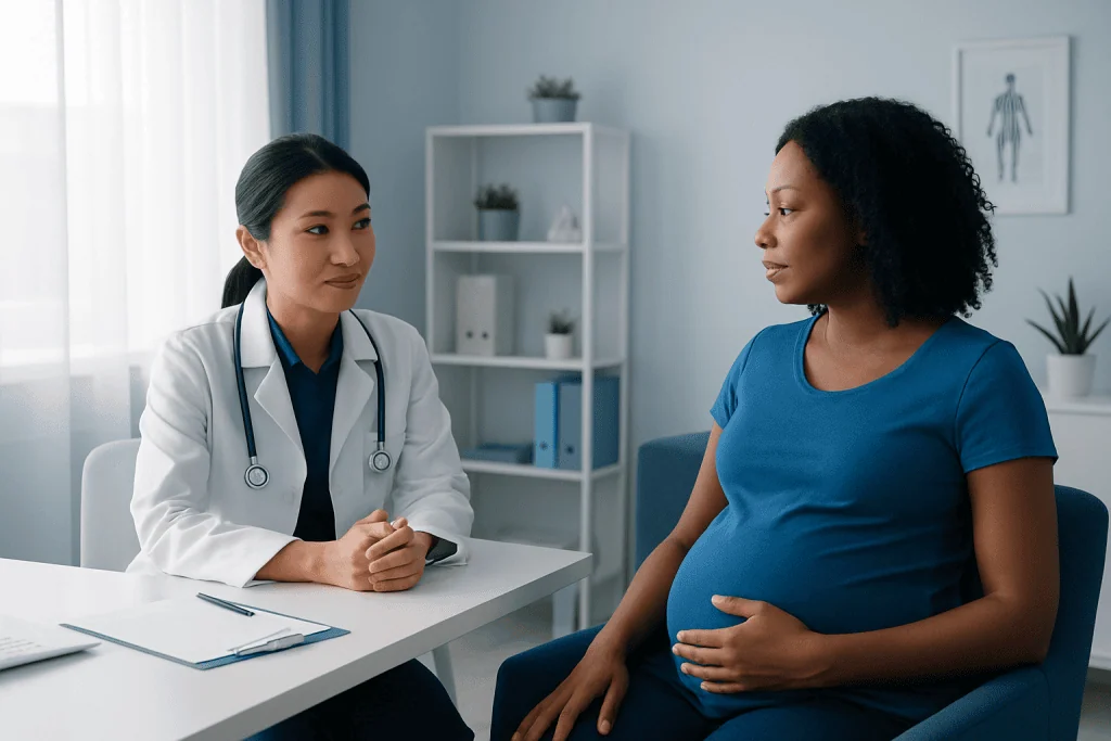Pregnant woman consulting with a doctor in a medical office.