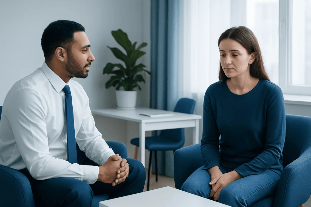 Therapist and patient in a counseling session at Acibadem Hospitals Group.