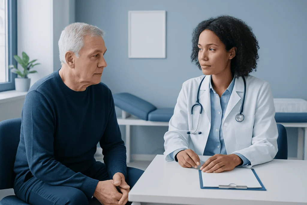 Doctor consulting with an elderly male patient in a medical office.
