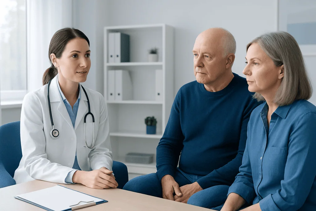 Doctor consulting with elderly couple in a medical office.