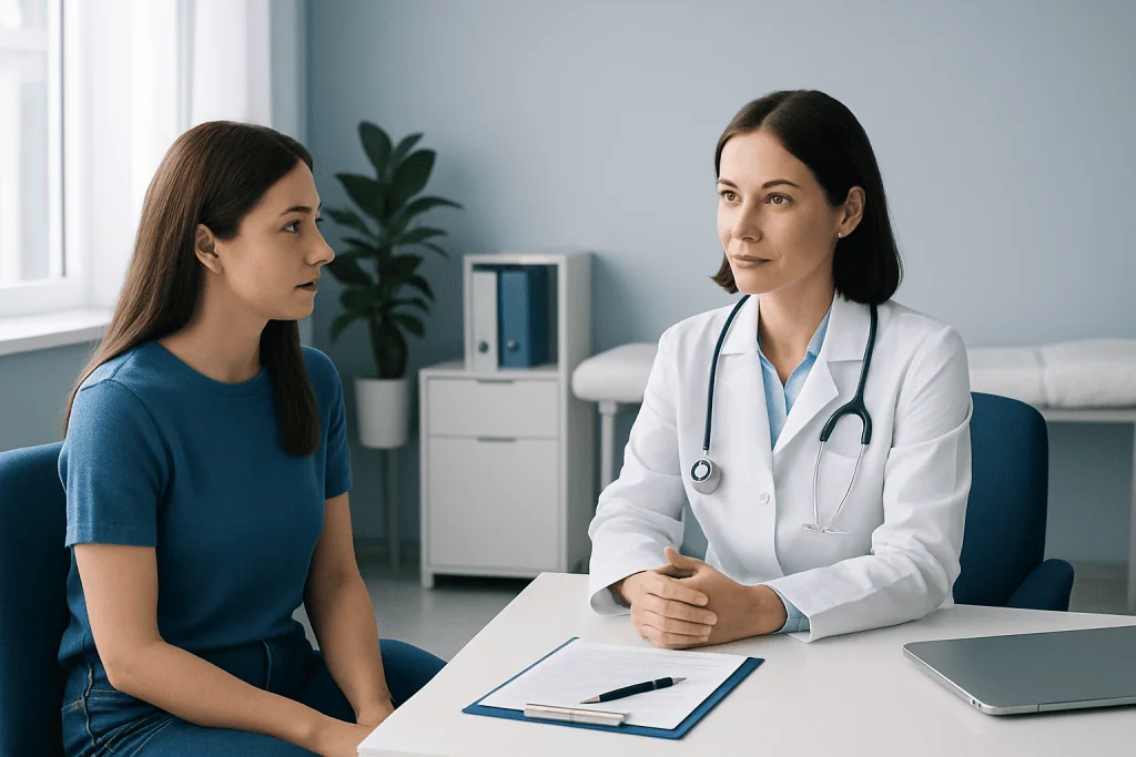 Doctor consulting with a young female patient in a modern clinic.