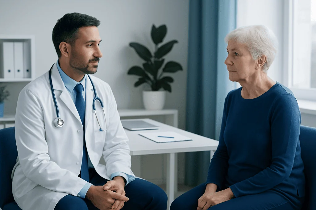 Doctor consulting with elderly female patient in a medical office.