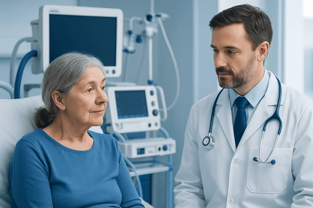 Doctor consulting with elderly patient in hospital room.