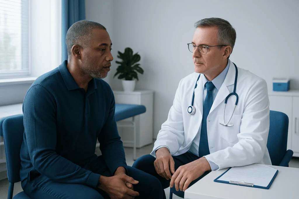 Doctor consulting with a patient in a modern medical office.