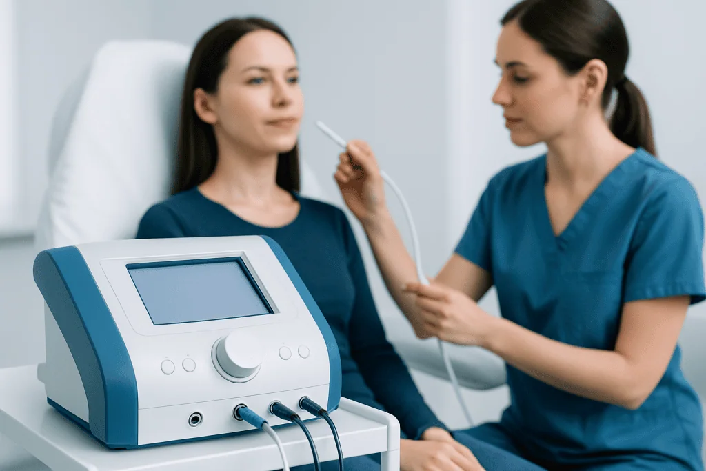 Medical professional performing electrolysis treatment on patient in clinic.