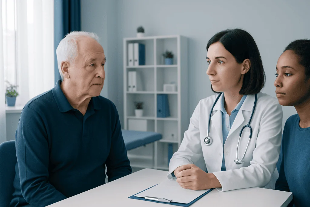 Doctor consulting with elderly patient in a modern clinic setting.