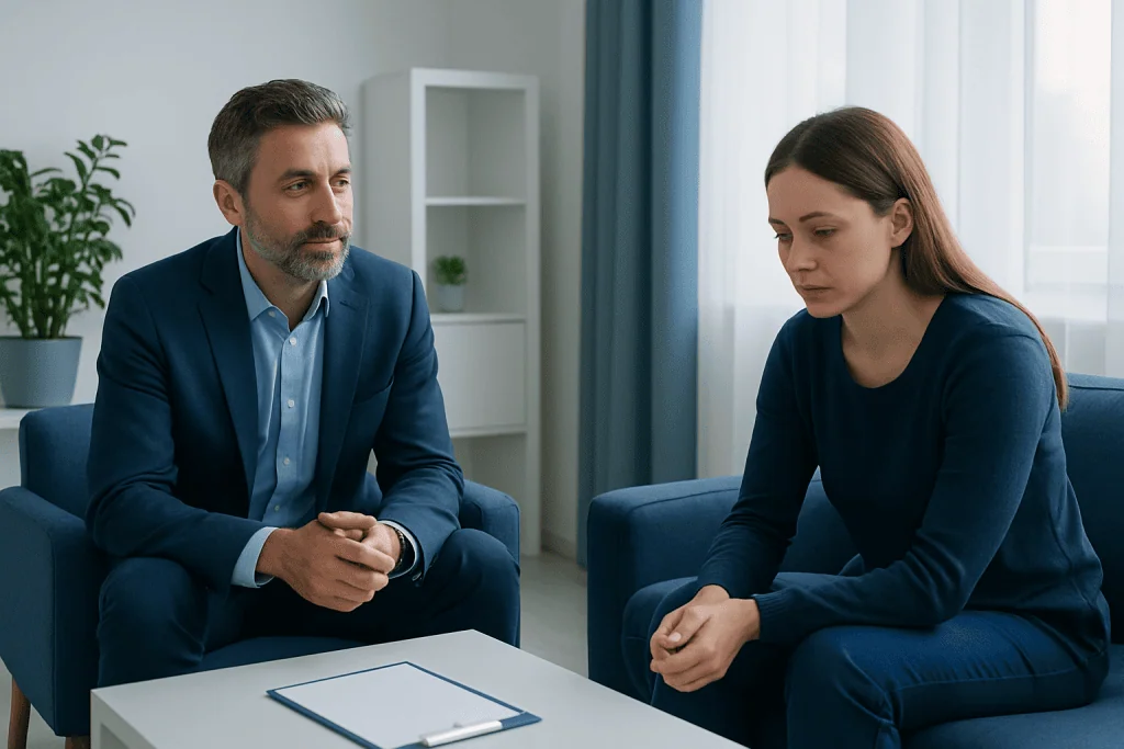 Therapist and patient in a counseling session at Acibadem Hospitals Group.