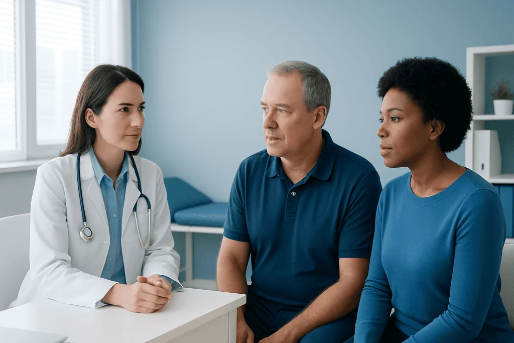 Doctor consulting with a patient and companion in a medical office.