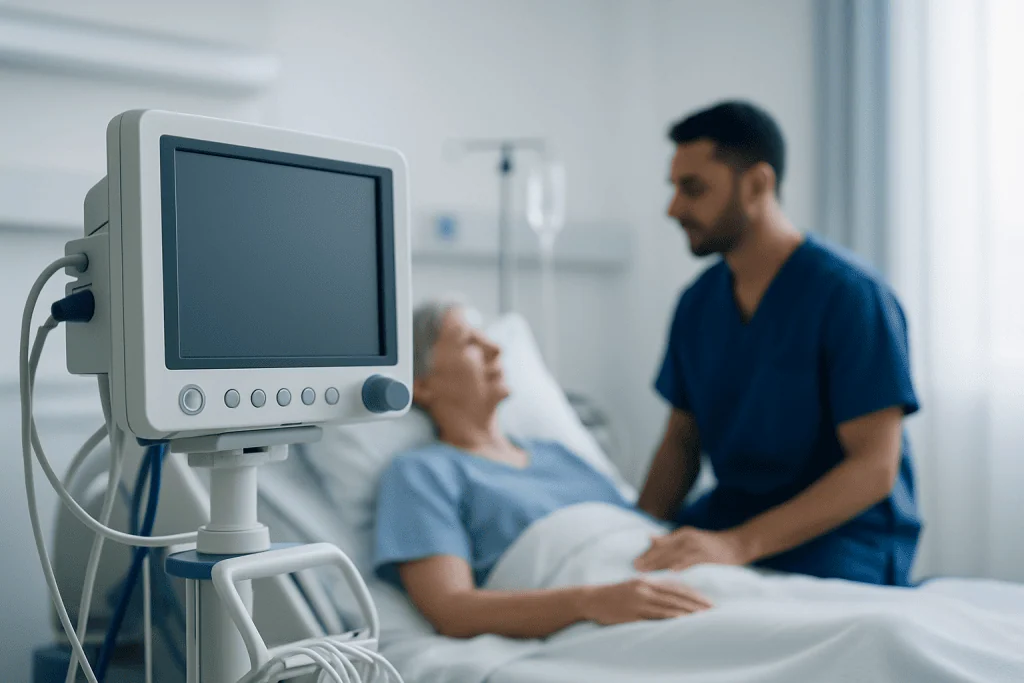 Hospital patient monitor in a medical care setting with a patient and nurse.