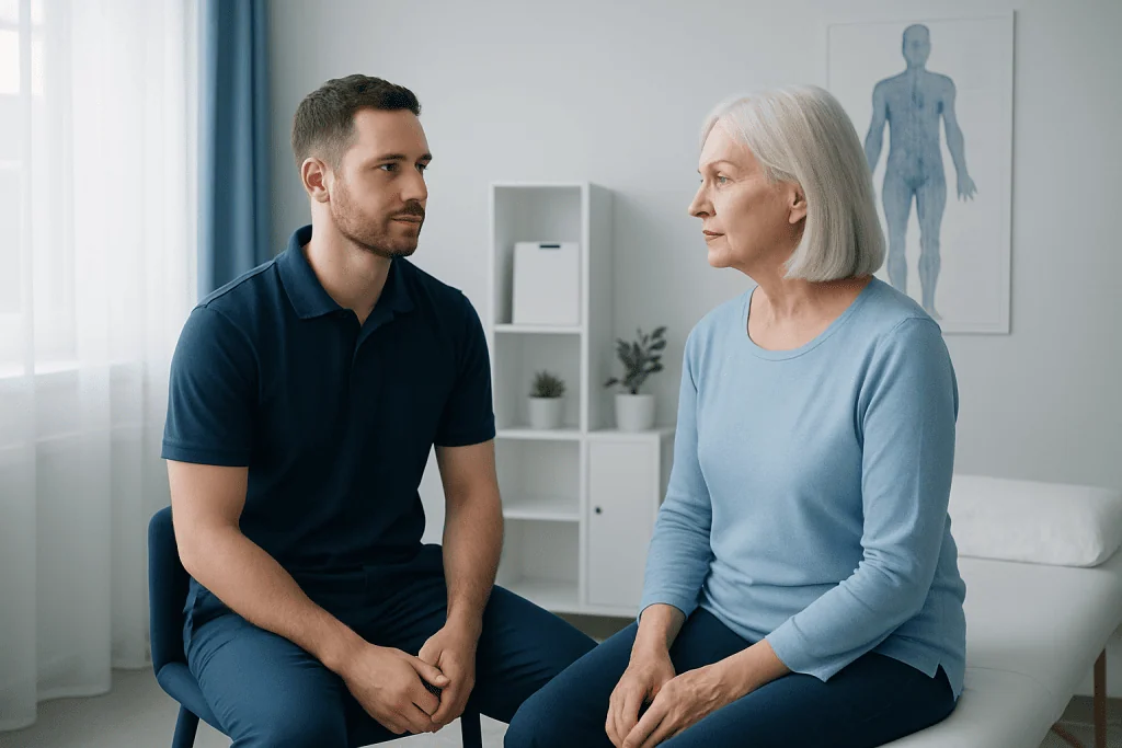 Doctor consulting with elderly patient in a medical office.