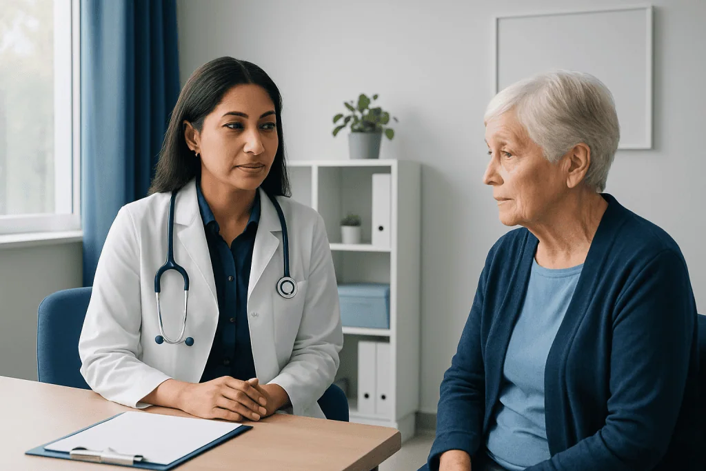 Doctor consulting with elderly patient in a modern clinic setting.