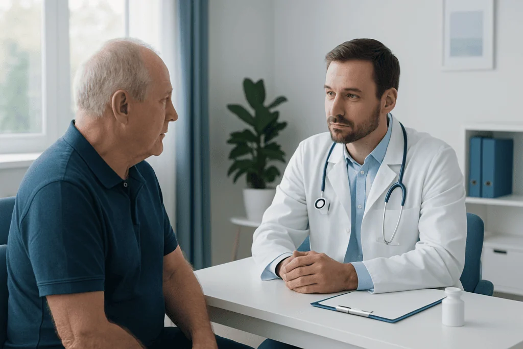 Doctor consulting with an elderly male patient in a medical office.