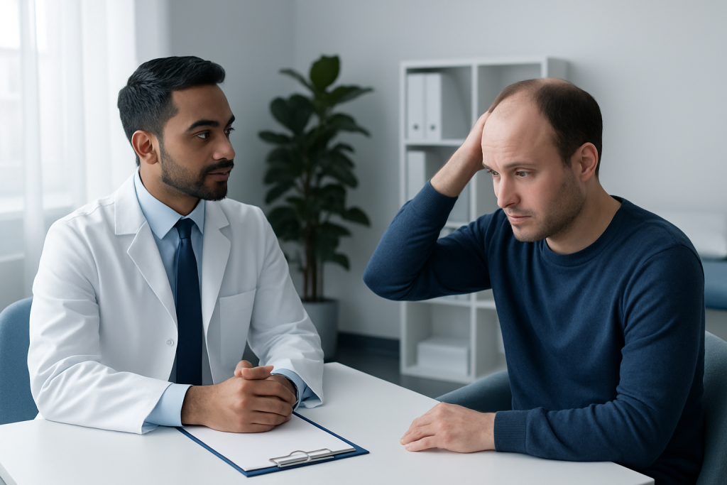 Doctor consulting with patient about hair loss treatment options.