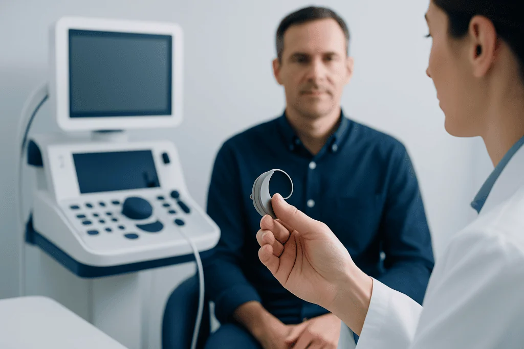 Doctor performing an ear examination with an otoscope in a clinical setting.