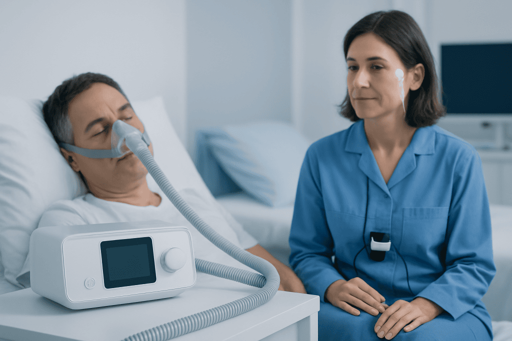 Patient undergoing sleep apnea test with healthcare professional present.
