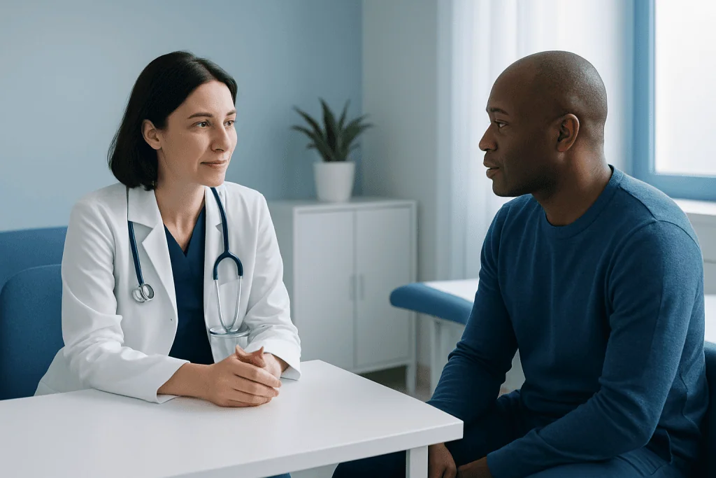 Doctor consulting with a patient in a medical office setting.