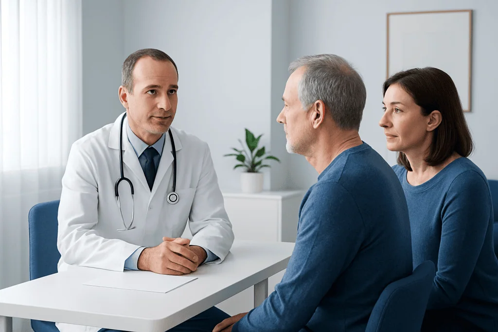 Doctor consulting with a middle-aged male patient and his wife in a medical office.