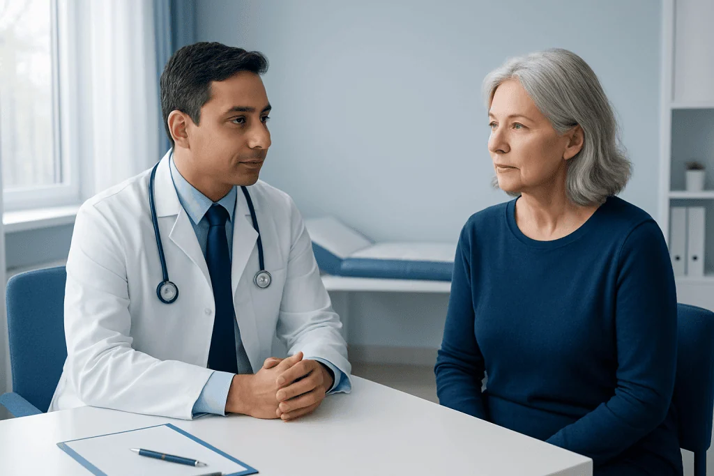 Doctor consulting with an elderly female patient in a medical office.