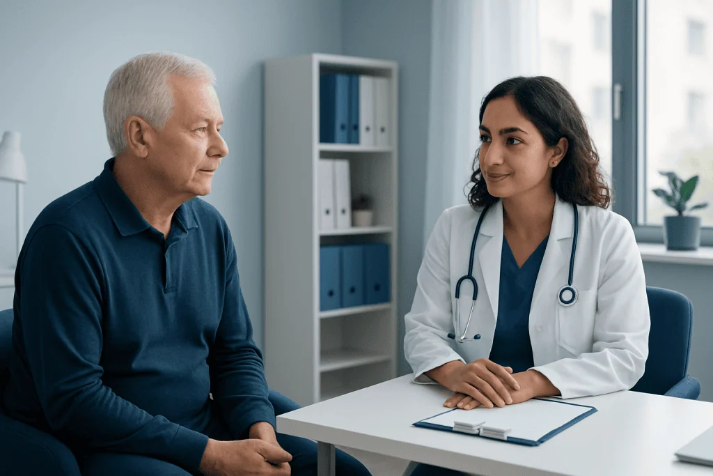 Doctor consulting with an elderly male patient in a modern clinic setting.