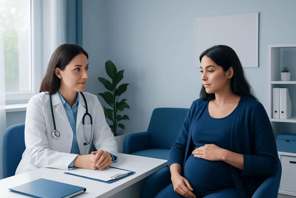 Pregnant woman consulting with a doctor in a medical office.