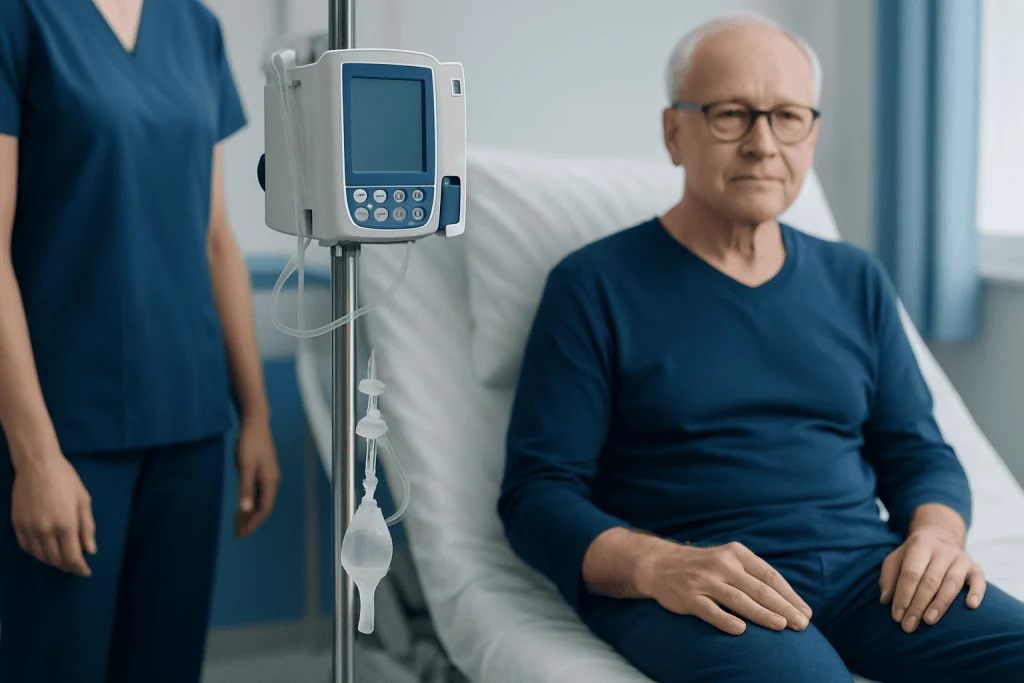 Elderly man in hospital bed with medical monitor and healthcare professional nearby.