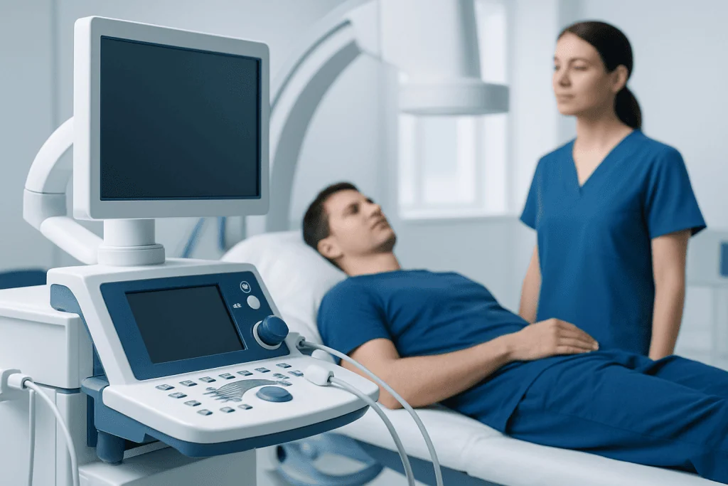 Medical professional preparing ultrasound equipment for patient examination.