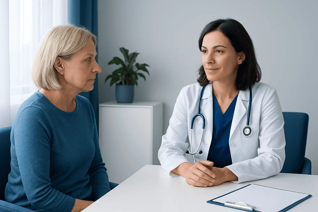 Doctor consulting with an elderly female patient in a medical office.