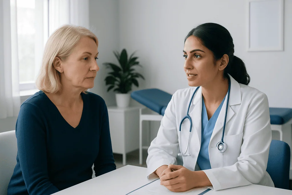 Doctor consulting with an older female patient in a medical office.