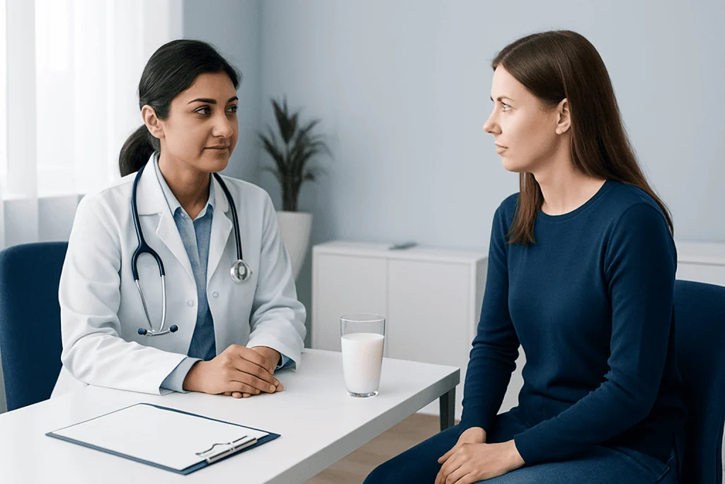 Doctor consulting with patient about lactose intolerance and milk options.