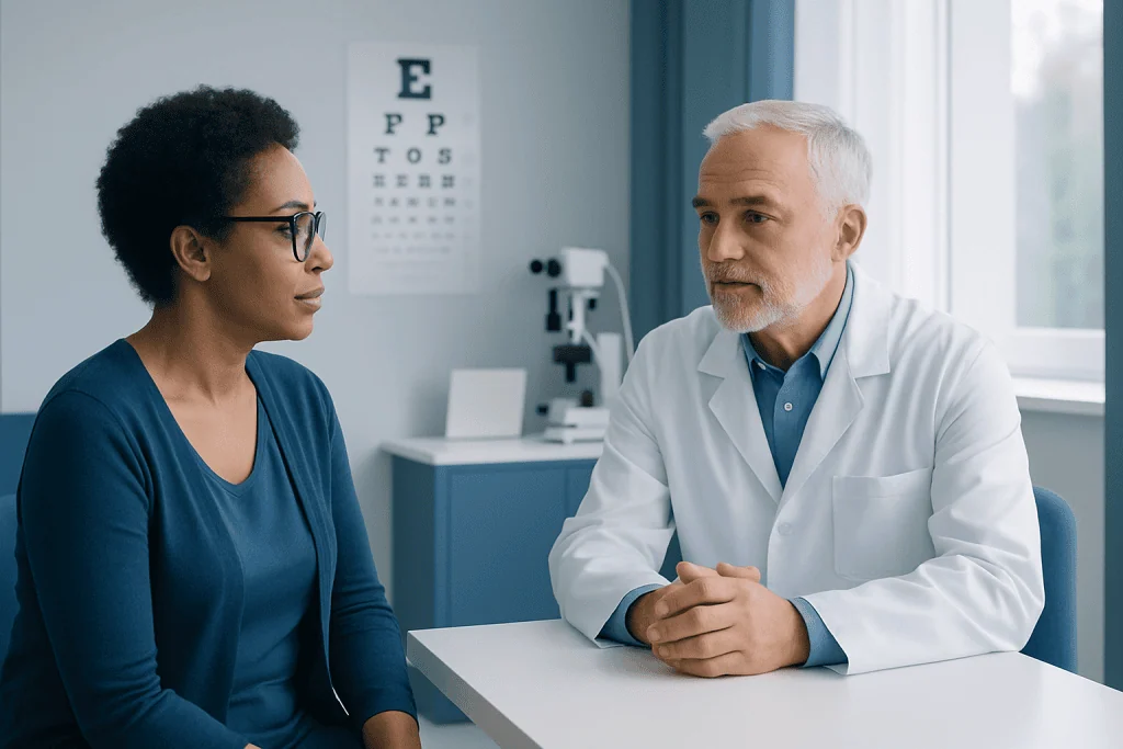 Optometrist consulting with patient in a modern eye clinic setting.