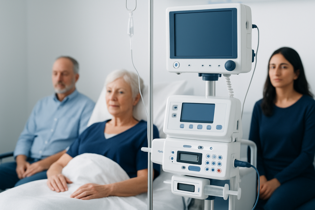 Hospital patient in bed with medical monitor and healthcare staff nearby.
