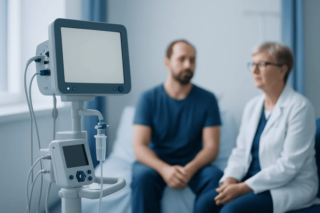 Medical consultation with a doctor and patient in a hospital room.