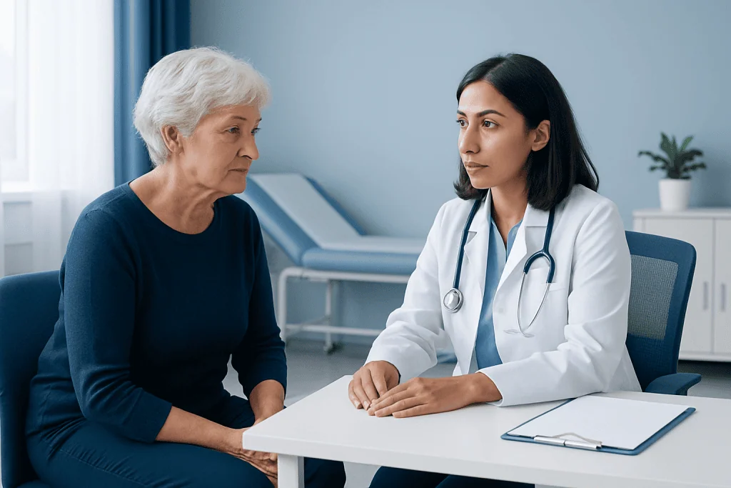 Doctor consulting elderly woman in a medical office at Acibadem Hospitals Group.