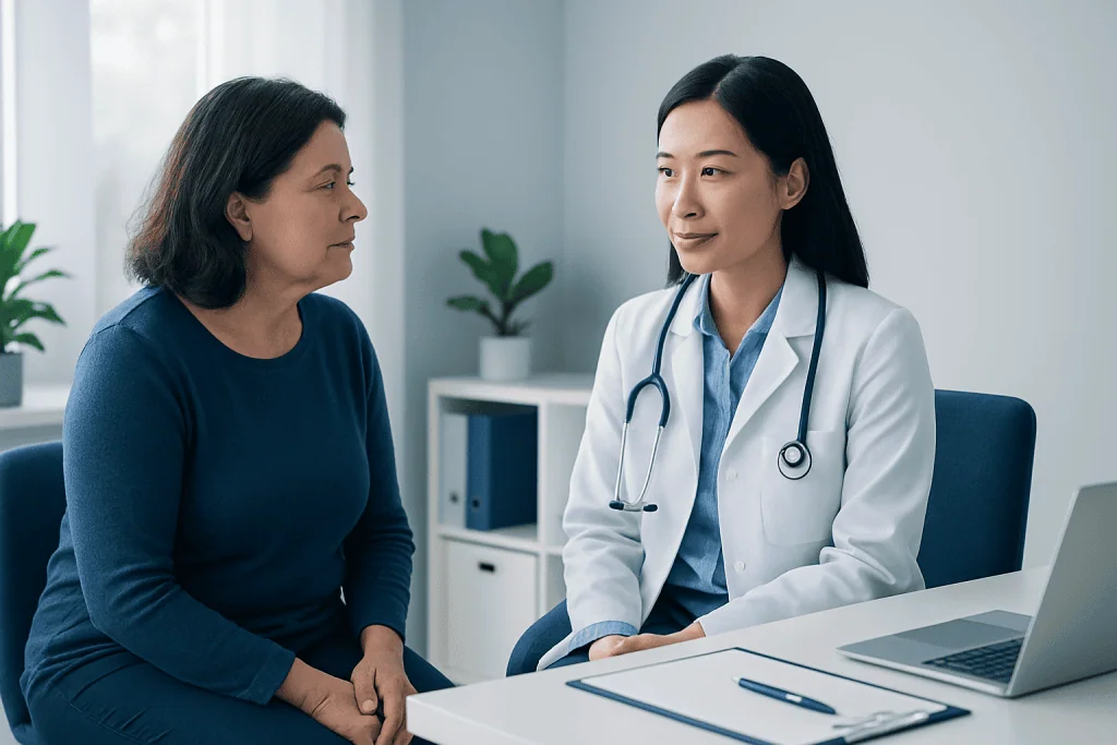 Doctor consulting with a patient in a modern hospital setting.