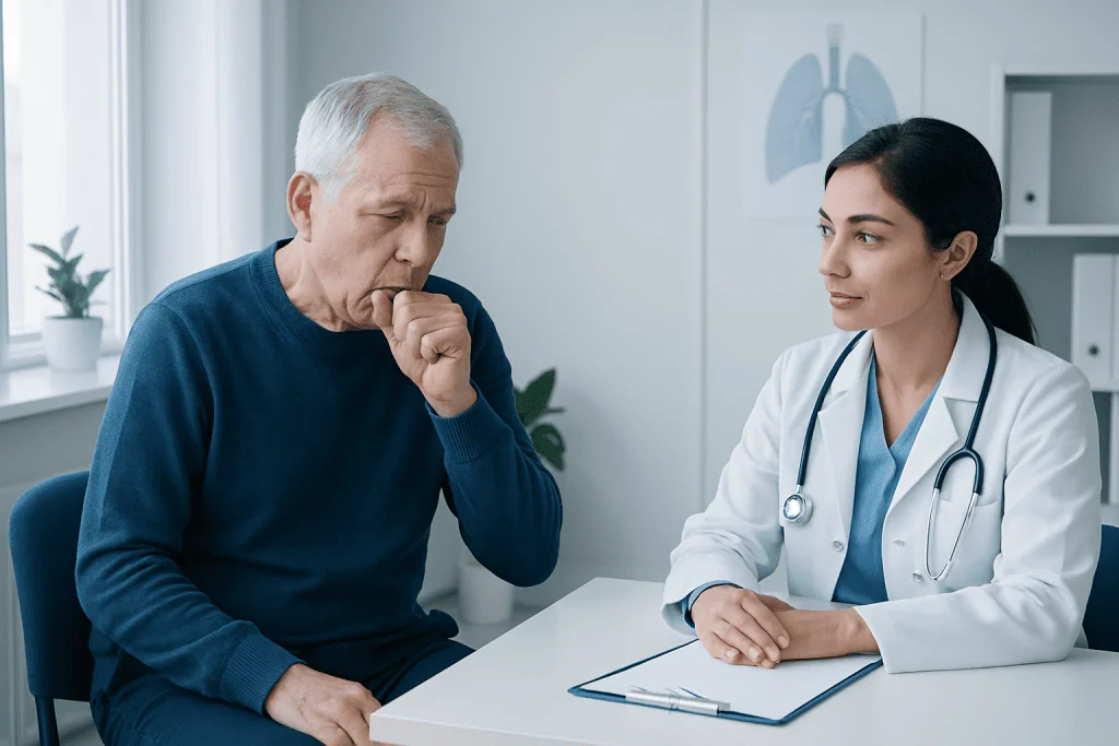 Doctor consulting with an elderly patient about respiratory health.