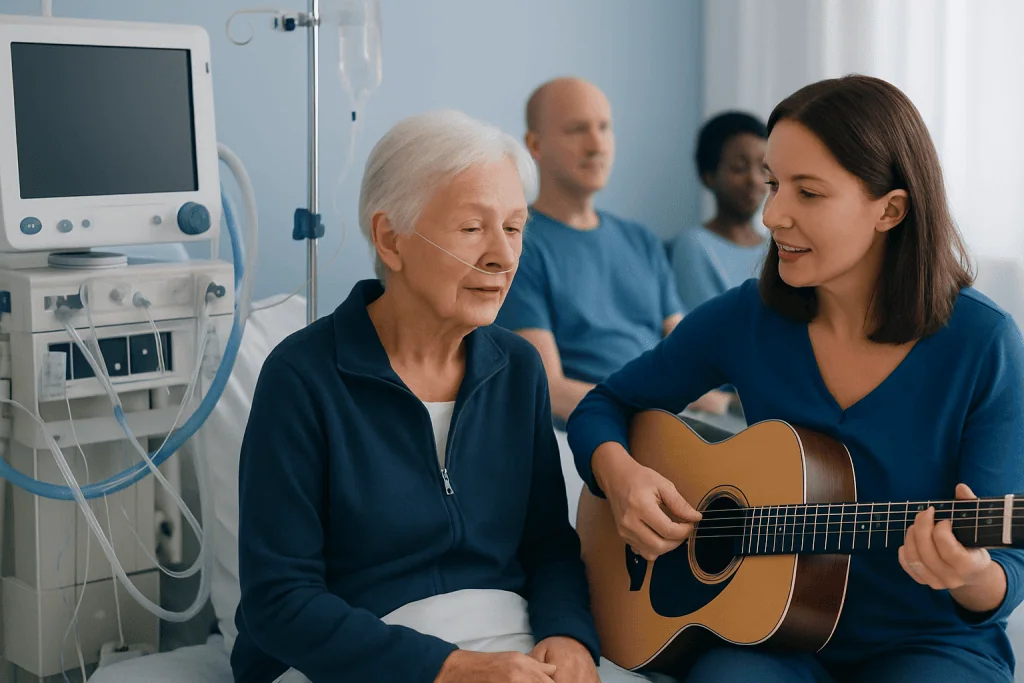Elderly woman receiving music therapy in hospital with caregiver and medical staff.
