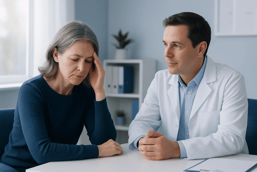 Doctor consulting with a patient experiencing headache or migraine symptoms.